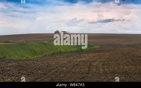 Le semis des agriculteurs, les semis des récoltes au champ. Le semis est le processus de planter des graines dans le sol dans le cadre de l'heure au début du printemps, les activités agricoles. Banque D'Images