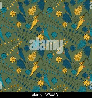 Doodle vecteur seamless pattern avec des perroquets, des feuilles, et de fleurs Illustration de Vecteur