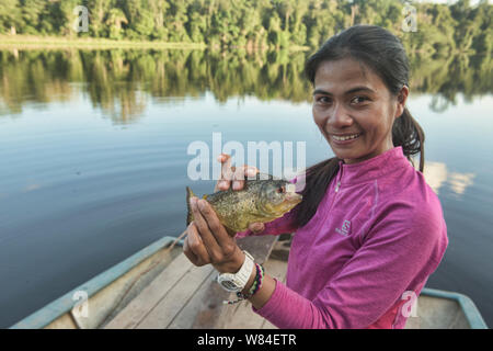 La pêche de piranha à ventre jaune sur le lac Tres Chimbadas, rivière Tambopata, Amazonie péruvienne Banque D'Images