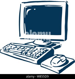 L'écran, la souris et clavier accueil poste informatique dessinés à la main, serrer, Illustration de Vecteur