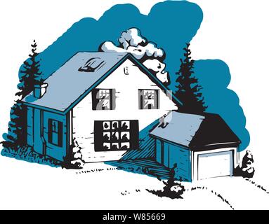 Rendu vaguement country home & garage dessinés à la main, entouré d'arbres et arbustes dans la nuit Illustration de Vecteur