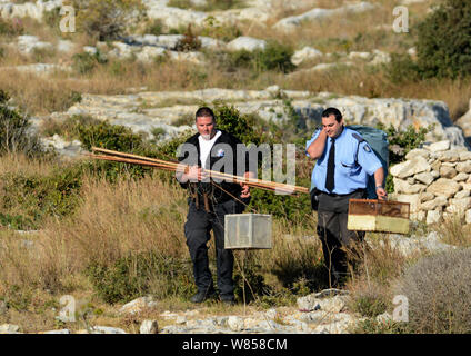 Application du droit administratif (ALE) avec la police a confisqué tourterelles (Streptopelia turtur) et l'équipement de dove secteur de piégeage, de Malte, au cours de Birdlife Malte Springwatch Camp, Avril 2013 Banque D'Images