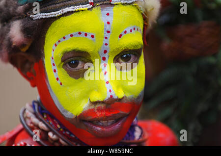 Huli Wigmen de la Tari Valley sur les hautes terres du sud de la Papouasie-Nouvelle-Guinée, à un Sing-sing Mount Hagen, la Papouasie-Nouvelle-Guinée. Août 2011 Banque D'Images