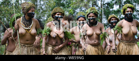 Les femmes avec des Highlands à Paiya facepaint noir Afficher ou chanter, chanter des hautes terres de l'Ouest, la Papouasie-Nouvelle-Guinée. Août 2011 Banque D'Images