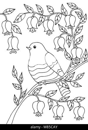 Oiseau posé sur une branche d'un arbre en fleurs, coloriage pour enfants et adultes Illustration de Vecteur