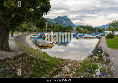 Une vue horizontale d'un port idyllique avec de nombreux bateaux et du parc de la ville sur une rive du lac de montagne en Suisse Banque D'Images