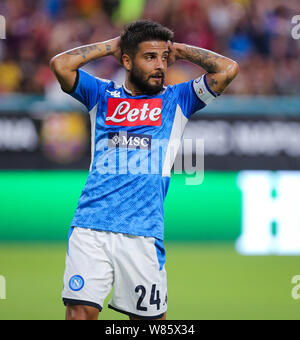 Miami Gardens, Florida, USA. 7e août 2019. SSC Napoli avant Lorenzo Insigne (24) réagit après avoir raté un but au cours d'un match amical contre le FC Barcelone au Hard Rock Stadium de Miami Gardens, en Floride. Crédit : Mario Houben/ZUMA/Alamy Fil Live News Banque D'Images