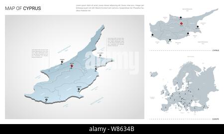 Vector set de Chypre pays. Carte en 3D isométrique, Chypre map, carte d'Europe - avec la région, l'Etat et les noms les noms de ville. Illustration de Vecteur