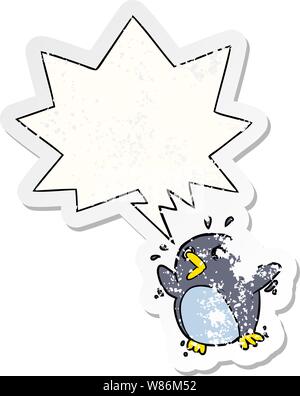 Peur dessin animé pingouin avec bulle en difficulté en difficulté autocollant ancien Illustration de Vecteur