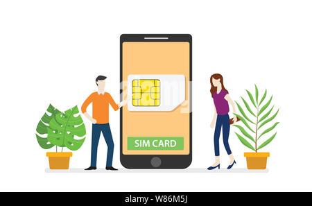 Carte SIM Carte SIM ou réseau de la technologie mobile avec le smartphone et les gens se tenant sur smartphone avec une télévision moderne style - vector illustration Banque D'Images