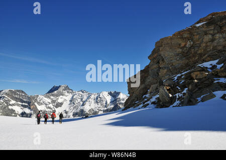 Le massif de la Vanoise (Savoie, au sud-est de la France) : randonnée glaciaire sur la pointe de la Rechasse", pointe au-dessus de Pralognan-la-Vanoise. Groupe de randonneurs et hi Banque D'Images