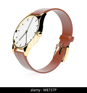 Montre-bracelet. Cadran blanc avec cas d'or et bracelet cuir marron Banque D'Images