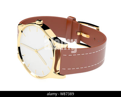 Montre-bracelet. Cadran blanc avec cas d'or et bracelet cuir marron Banque D'Images