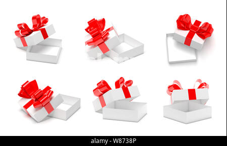 Boîtes cadeaux décorés de ruban. Ouvrir les contenants vides avec un arc rouge Banque D'Images