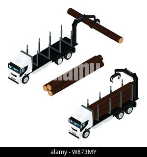 Beaucoup de détails réalistes de chargement du camion d'exploitation forestière bois de sciage vue isométrique isolé sur fond blanc Illustration de Vecteur