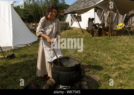 Marion, une bénévole de la Hollande, les cuisiniers des herbes pour servir à teindre dans un grand la cuisson électrique à Viking de Ribe (Danemark). Les plantes, qui sont différentes sortes de mauvaises herbes elle a trouvé à proximité, sont cuits pendant plusieurs jours. Le processus de cuisson ouvre la structure de sorte que ses plantes mélanger les produits chimiques avec l'eau. Chaque plant produit une couleur spécifique et avec toutes les plantes ensemble dans l'électrique qu'elle réalise la combinaison voulu. Dans ce cas, la couleur est vert. Banque D'Images