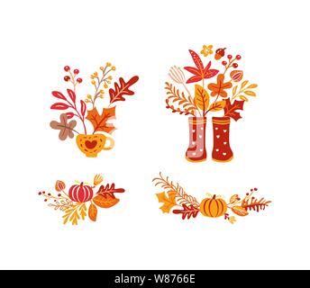Lot de bouquets de feuilles d'automne orange avec bottes en caoutchouc. Feuilles d'érable orange avec tasse, citrouille, chêne à feuillage, affiche automne nature saison Illustration de Vecteur