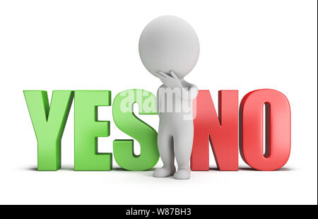 Petit 3d personne debout entre les mots oui et non. Image 3d. Arrière-plan blanc. Banque D'Images