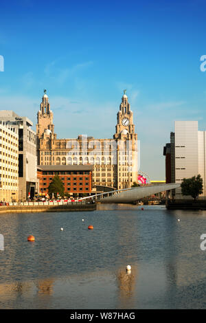 Les bâtiments du foie, hotels,bureaux et de nouveaux bâtiments en construction dans le cadre du régime des eaux de Liverpool en Princes Dock de Liverpool waterfront. Banque D'Images