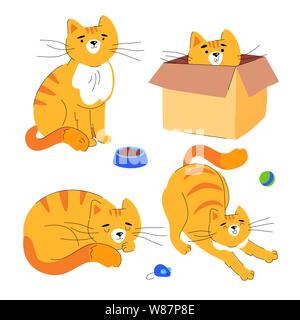 Cat - gingembre mignon style design plat ensemble de caractères Illustration de Vecteur