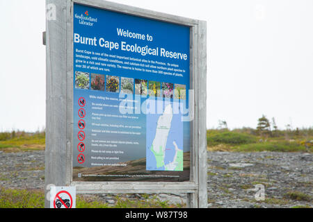 Signe de la réserve, la réserve écologique du cap Brûlé, Terre-Neuve et Labrador, Canada Banque D'Images