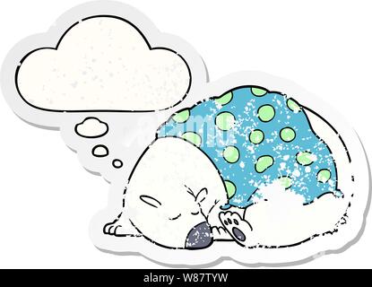 Polar bear cartoon dormir avec bulle pensée comme un autocollant usé en détresse Illustration de Vecteur