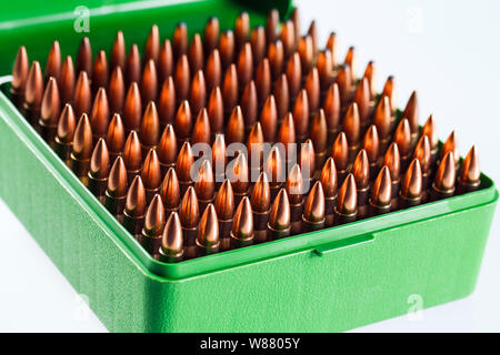 Cartouches de chasse dans une boîte en plastique. Bullet boîte de rangement. Banque D'Images