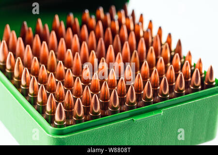 Cartouches de chasse dans une boîte en plastique. Bullet boîte de rangement. Banque D'Images