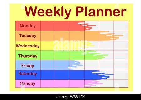 Planificateur hebdomadaire. Page mignon pour des notes. Les autocollants,portables, journal, accessoires de l'école. Jolie page romantique. Illustration de Vecteur