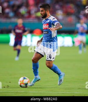 Miami Gardens, Florida, USA. 7e août 2019. SSC Napoli avant Lorenzo Insigne (24) en action lors d'un match amical contre le FC Barcelone au Hard Rock Stadium de Miami Gardens, en Floride. Crédit : Mario Houben/ZUMA/Alamy Fil Live News Banque D'Images