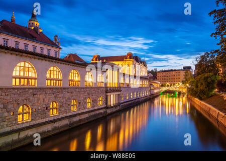 Réflexions de l'arcades de la place du marché central couvert d'Arcades colonnes Plečnik dans la rivière Ljubljanica Ljubljana Slovénie nuit à l'Europe de l'UE Banque D'Images