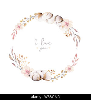 Couronne de fleurs boho aquarelle. Bohemian cadre naturel : coton fleurs, fleurs feuilles de saule. Isolé sur fond blanc. Illustration de décoration. S Banque D'Images