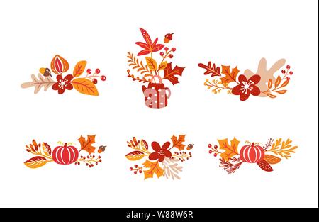 Ensemble de bouquets orange de feuilles d'automne avec théière. Feuilles d'érable avec tasse, citrouille, chêne à feuillage, affiche automne nature saison Illustration de Vecteur