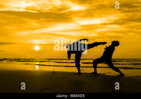 La lutte contre un ennemi près de la plage quand le soleil se lever Banque D'Images