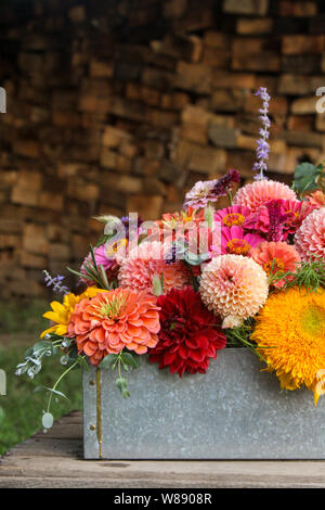 Arrangement floral dans la case en face de fond de bois Banque D'Images