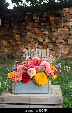 Arrangement floral dans la case en face de fond de bois Banque D'Images