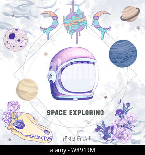 Casque avec motif graphique explore Word. Illustration dessinée à la main, couleur pourpre avec planètes et crâne extraterrestre, ensemble clip art isolé plat, 2D coloré Banque D'Images