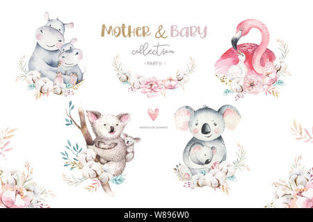 Aquarelle cute cartoon illustration avec maman et bébé mignon flamingo, couronne de feuilles de fleurs. Mère et bébé hippopotame illustration design d'oiseaux. Scieries Banque D'Images