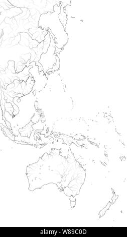 Carte du monde de la côte ouest de l'OCÉAN PACIFIQUE : Australie, Indonésie, Micronésie, Polynésie française (Région de l'Asie-Pacifique). Carte géographique avec le littoral. Banque D'Images