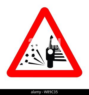 Le traditionnel 'STONE BROYEUSE AVERTISSEMENT" triangle, signe de la circulation isolé sur un fond blanc.. Illustration de Vecteur