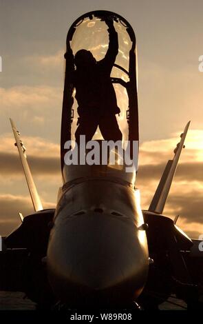 Un avion capitaine nettoie l'auvent d'un F/A-18C Hornet en stationnement sur le pont d'envol du porte-avions USS Ronald Reagan (CVN 76) Le 28 juin 2005. Reagan est en cours dans l'océan Pacifique des qualifications de l'opérateur pour divers escadrons remplacement flotte de la côte ouest. Banque D'Images