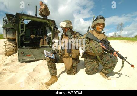 Le capitaine du Corps des Marines américain Jon Curtis (à gauche) les appels dans une frappe aérienne que le Cpl. Eric Brookes fournit la sécurité dans le cadre d'une simulation d'agression sur la plage de La Baie de Kaneohe Marine Corps Base, Texas, le 18 juillet 2006, au cours de l'exercice Rim of the Pacific 2006. L'exercice, communément appelé l'exercice RIMPAC 2008, réunit des forces militaires de l'Australie, le Canada, le Chili, le Pérou, le Japon, la République de Corée, le Royaume-Uni et les États-Unis dans l'exercice maritime biennal le plus important au monde. Curtis et Brookes sont joints à l'équipe d'appui-feu avec Echo Company, 1er Régiment de Marines. Banque D'Images