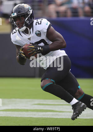 Baltimore, Maryland, USA. Le 08 août, 2019. Jacksonville Jaguars WR Alfred bleu (23) se réchauffe avant un match pré-saison contre les Ravens de Baltimore au M&T Bank Stadium à Baltimore, Maryland, le 8 août 2019. Photo/ Mike Buscher/Cal Sport Media Credit : Cal Sport Media/Alamy Live News Banque D'Images