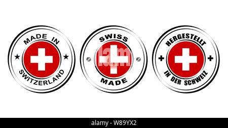 Étiquette ronde faite en Suisse avec le drapeau, avec l'icône montre Swiss made Illustration de Vecteur