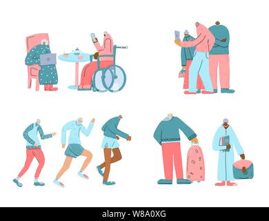 Groupe de personnes âgées personnes aux cheveux gris en situation différente. Personnages principaux vie isolé sur fond blanc. Vector illustration. Illustration de Vecteur