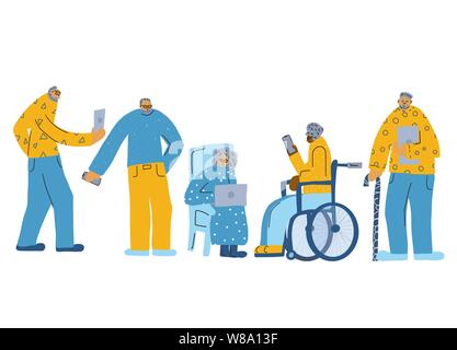 Les personnes âgées avec des téléphones portables et les gadgets. Différentes personnes âgées isolé sur fond blanc. Mais certains des vieux hommes et femmes du groupe. Télévision Vector illustratio Illustration de Vecteur