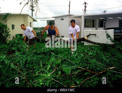 Les sous-officiers de la Marine américaine Scott Dorf (à gauche), Michael Carlton (centre) et Todd Calvert (droite) enlever un arbre abattu par l'ouragan Georges de cour CarltonХs dans le domaine de l'habitation à Marine Naval Station Roosevelt Roads, Puerto Rico, le 22 septembre, 1998. Banque D'Images