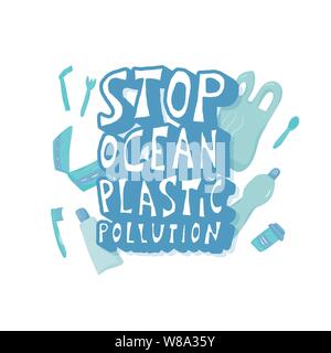 Arrêter la pollution plastique océan concept. Emplem problème écologique. Vector du texte stylisé. Illustration de Vecteur