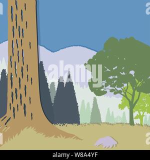 Couper le papier en couleur avec des forêts des montagnes et le tronc d'un grand arbre et un rocher au premier plan. Les deux composées de conifères et arbres et montagnes Illustration de Vecteur