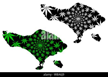 Subdivisions de l'Indonésie (Bali, les provinces de l'Indonésie) la carte est conçue de feuilles de cannabis vert et noir, Bali (Lesser Sunda Islands) carte de mariju Illustration de Vecteur